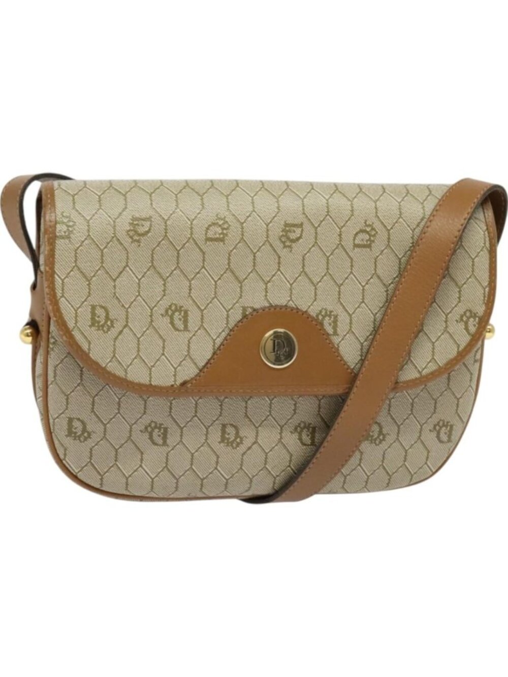 Christian Dior Honeycomb Canvas Shoulder Bag PVC Beige Gold